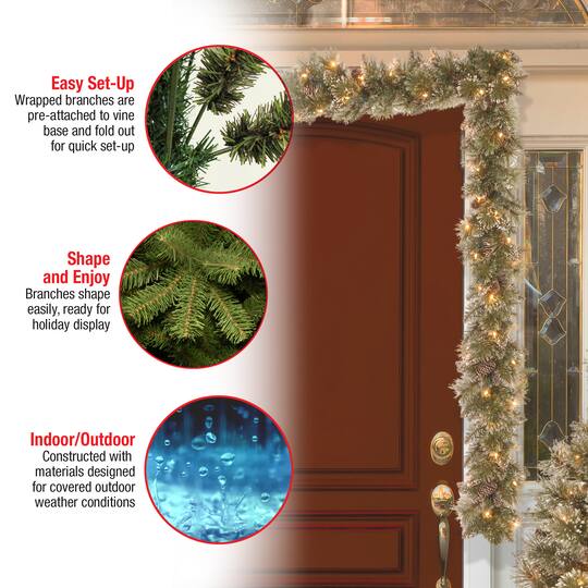 9' x 10" Pre-lit Glittery Bristle® Pine Artificial Christmas Garland with White Tipped Cones and 50 Clear Lights